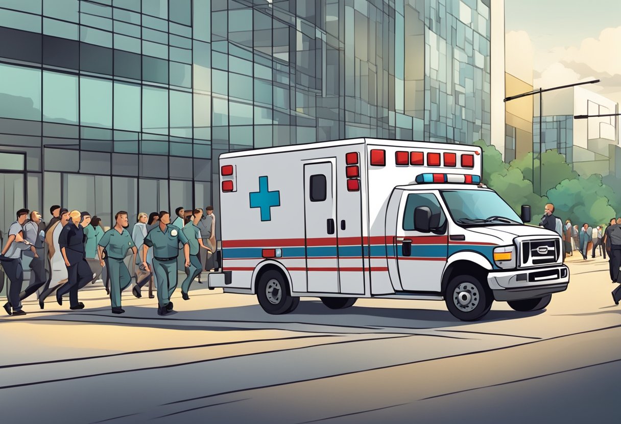 An ambulance rushing to an emergency, with flashing lights and sirens, pulling up to a crowded hospital entrance