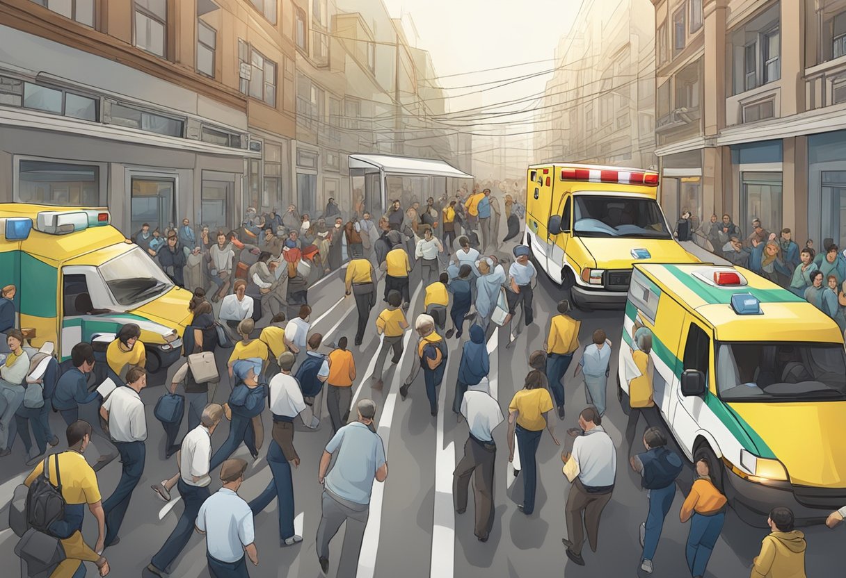 An ambulance rushing to a medical emergency, sirens blaring, lights flashing, surrounded by concerned onlookers