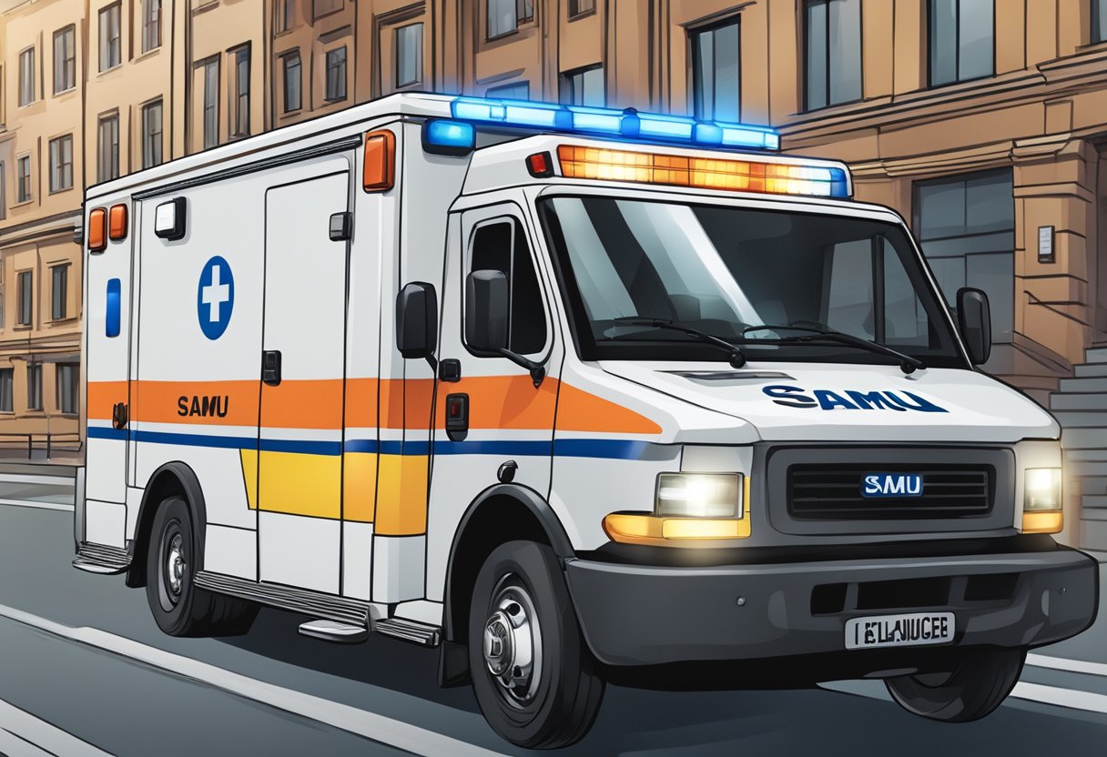 A SAMU 192 ambulance rushing through city streets with lights flashing and siren blaring, as it responds to an emergency call