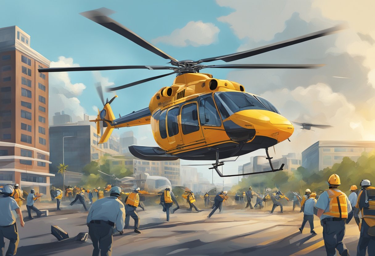 A helicopter hovers over a bustling emergency scene, its rotor blades slicing through the air as it prepares to transport a patient to safety