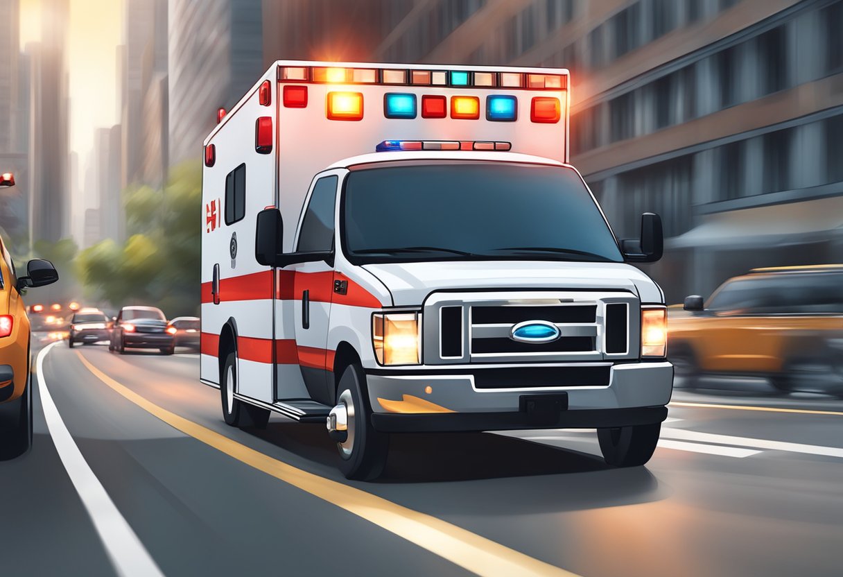 An ambulance with flashing lights and sirens racing through traffic to respond to an emergency