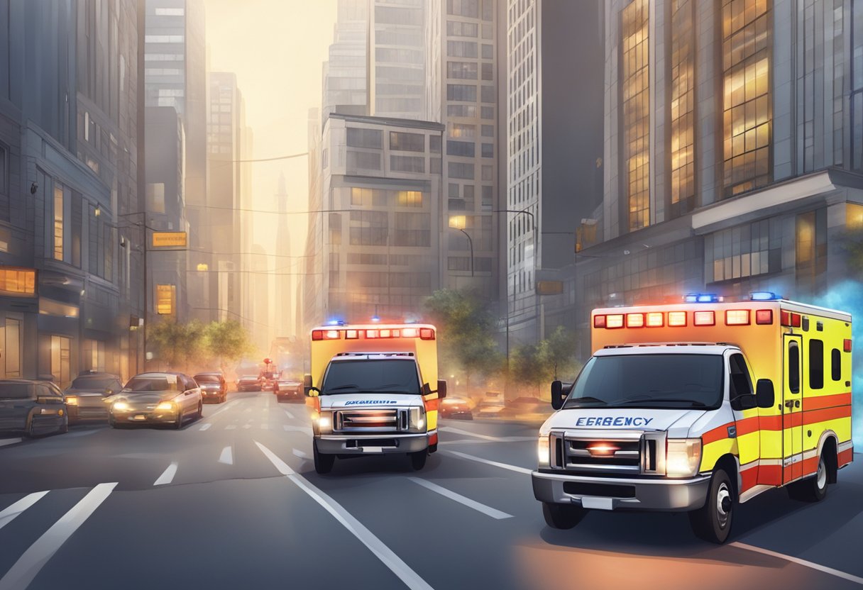 An emergency ambulance rushing through city streets with sirens blaring and lights flashing