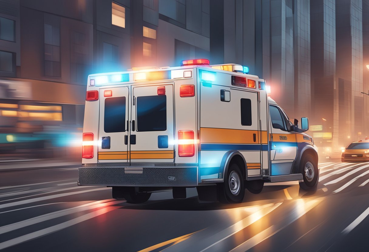 An ambulance rushing through traffic with emergency lights flashing and siren blaring