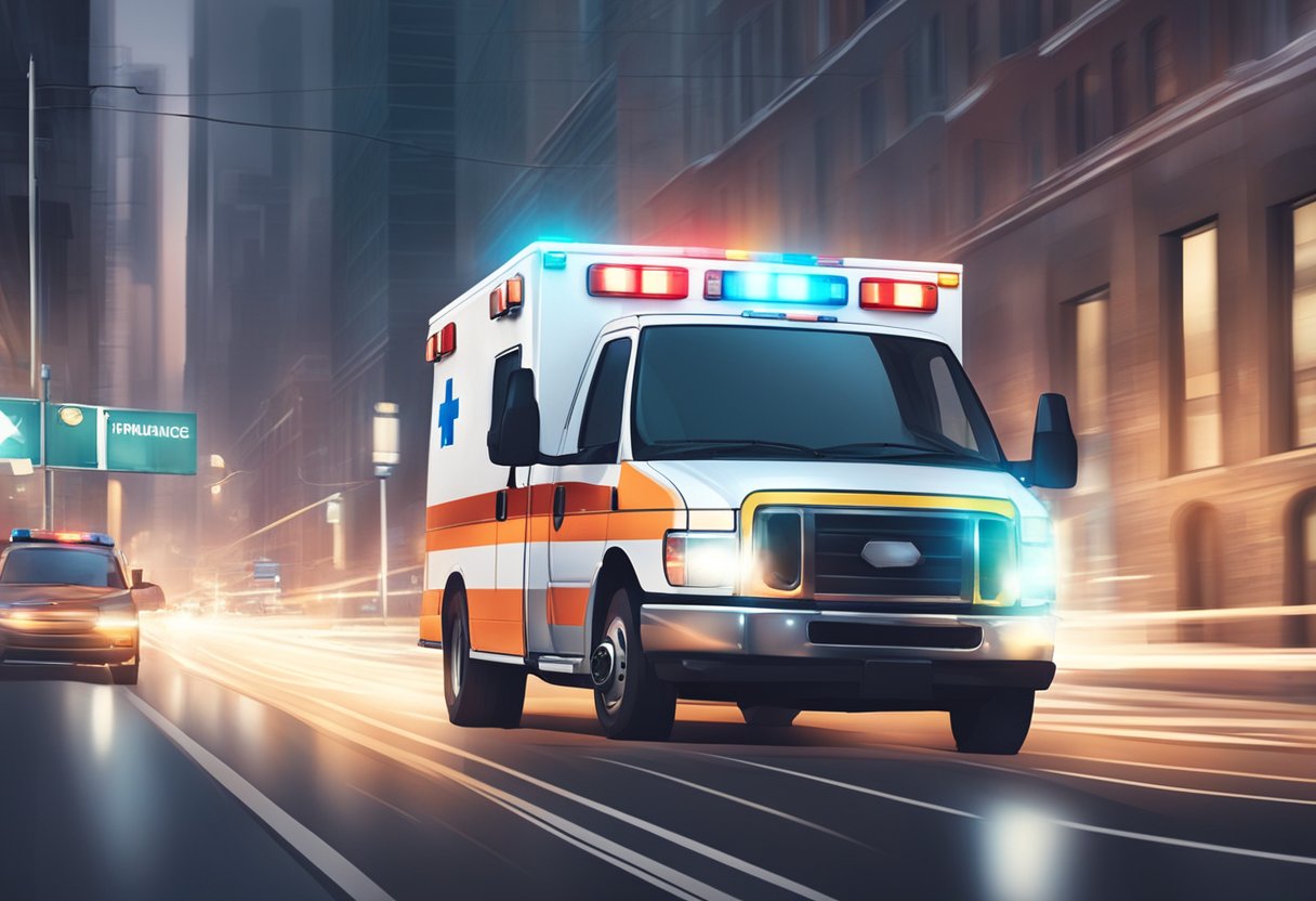 An ambulance speeds through city streets with flashing lights and blaring sirens, rushing to an emergency situation