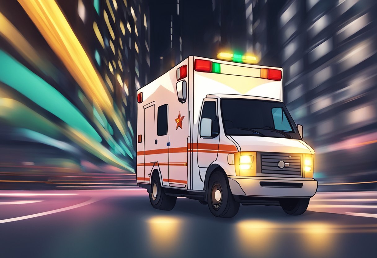 An ambulance racing through traffic with emergency lights flashing