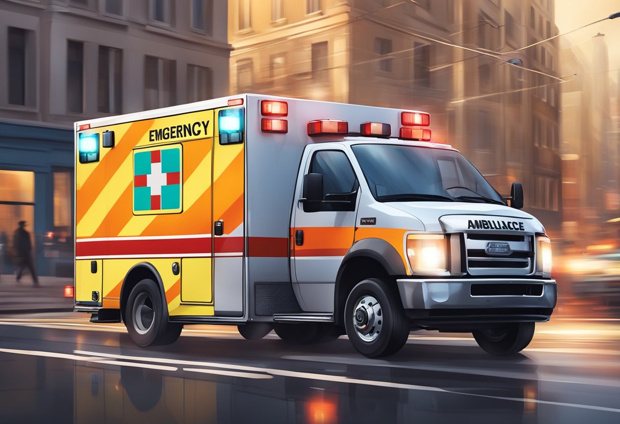An ambulance rushing through city streets with flashing lights and blaring sirens, symbolizing the importance of emergency services