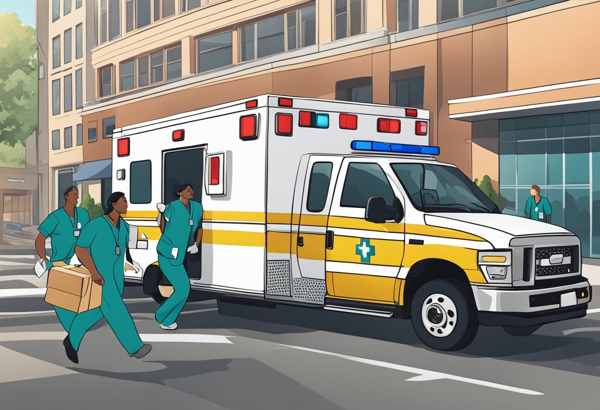 Healthcare professionals rushing near ambulance in emergency