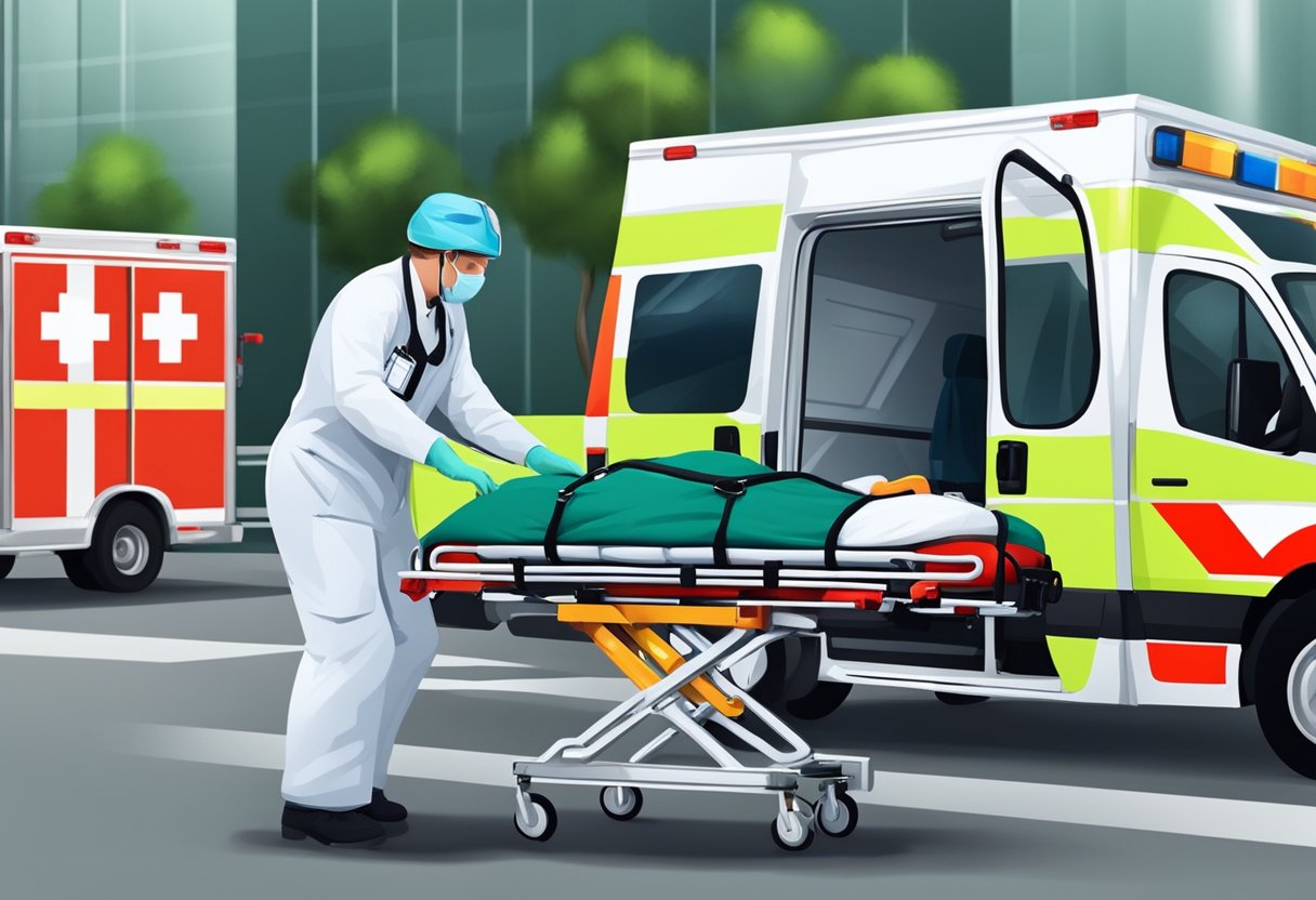 A paramedic rushes to an ambulance, equipped with medical supplies and a stretcher, ready to provide emergency pre-hospital care