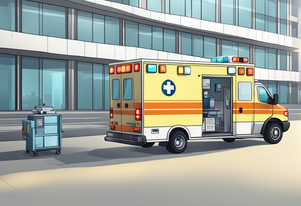 An ambulance with flashing lights and medical equipment parked outside a hospital
