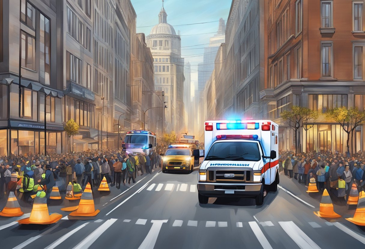 An ambulance racing through a city street with sirens blaring and lights flashing, surrounded by concerned onlookers and emergency vehicles