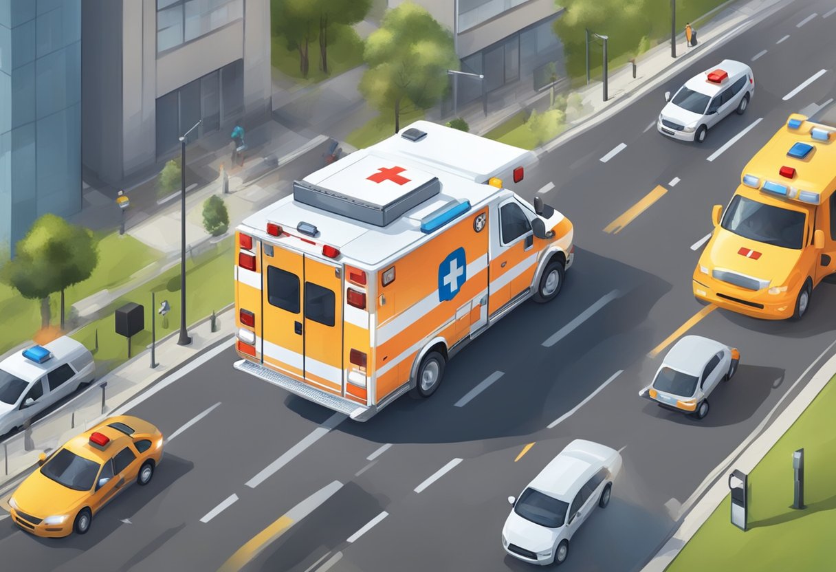 An ambulance swiftly navigates through traffic, using its sirens and lights to clear a path to reach an emergency scene