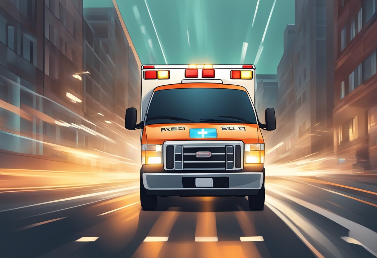 An ambulance rushing to a medical emergency, with flashing lights and sirens, surrounded by a sense of urgency and importance