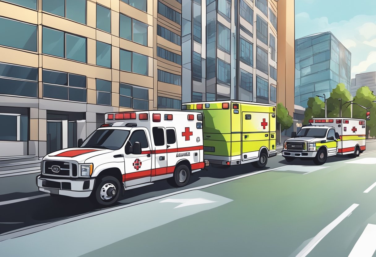 An ambulance rushing through city streets, sirens blaring, with medical equipment visible inside. Another ambulance parked at a hospital, ready for emergency response