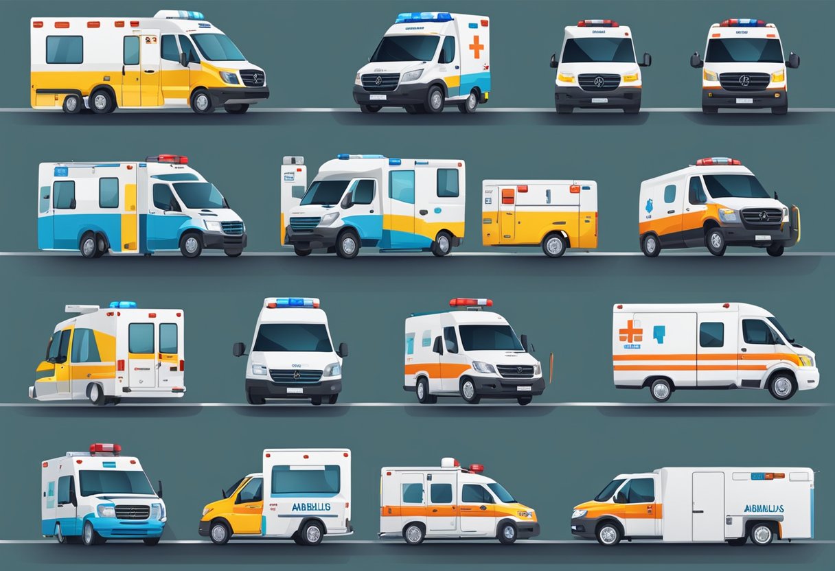 Various types of ambulances lined up, labeled with different regulations and standards