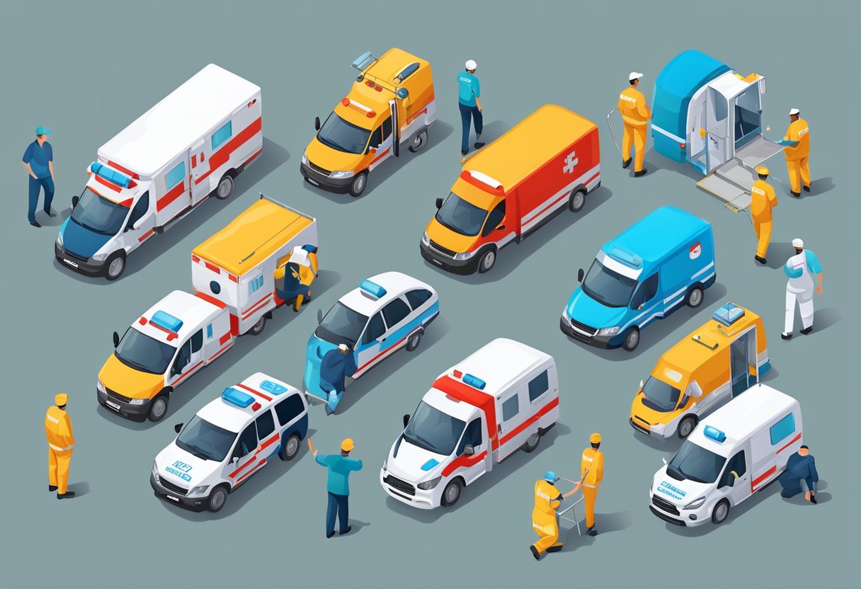 Various emergency situations and specific medical treatments with different types of ambulances