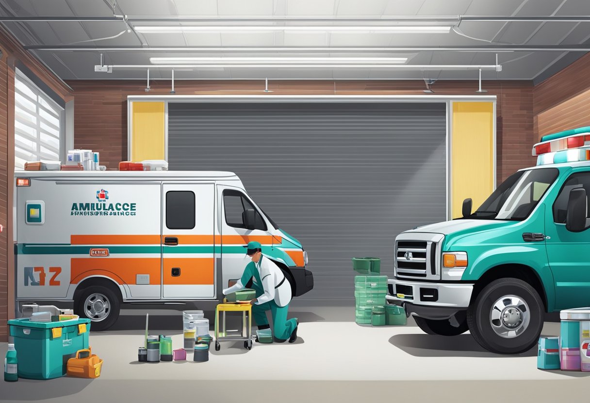 An ambulance parked in a clean, well-lit garage. A technician checks the engine while another restocks medical supplies