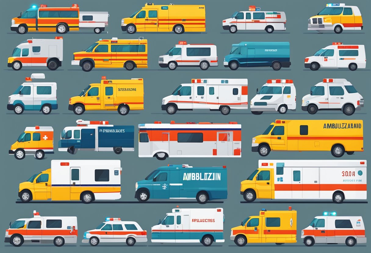 A row of different types of ambulances lined up, each labeled with specific standardizations and regulations