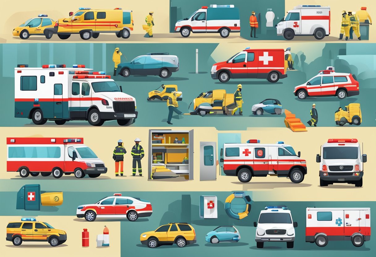 Various emergency types and ambulance response depicted