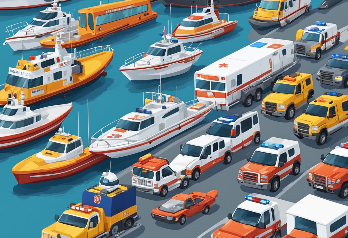 Tipos de Ambulância: Conheça as Diferentes Categorias e Suas Funções 5 A variety of rescue vehicles and boats, including ambulances, are lined up in a busy harbor, ready for emergency response