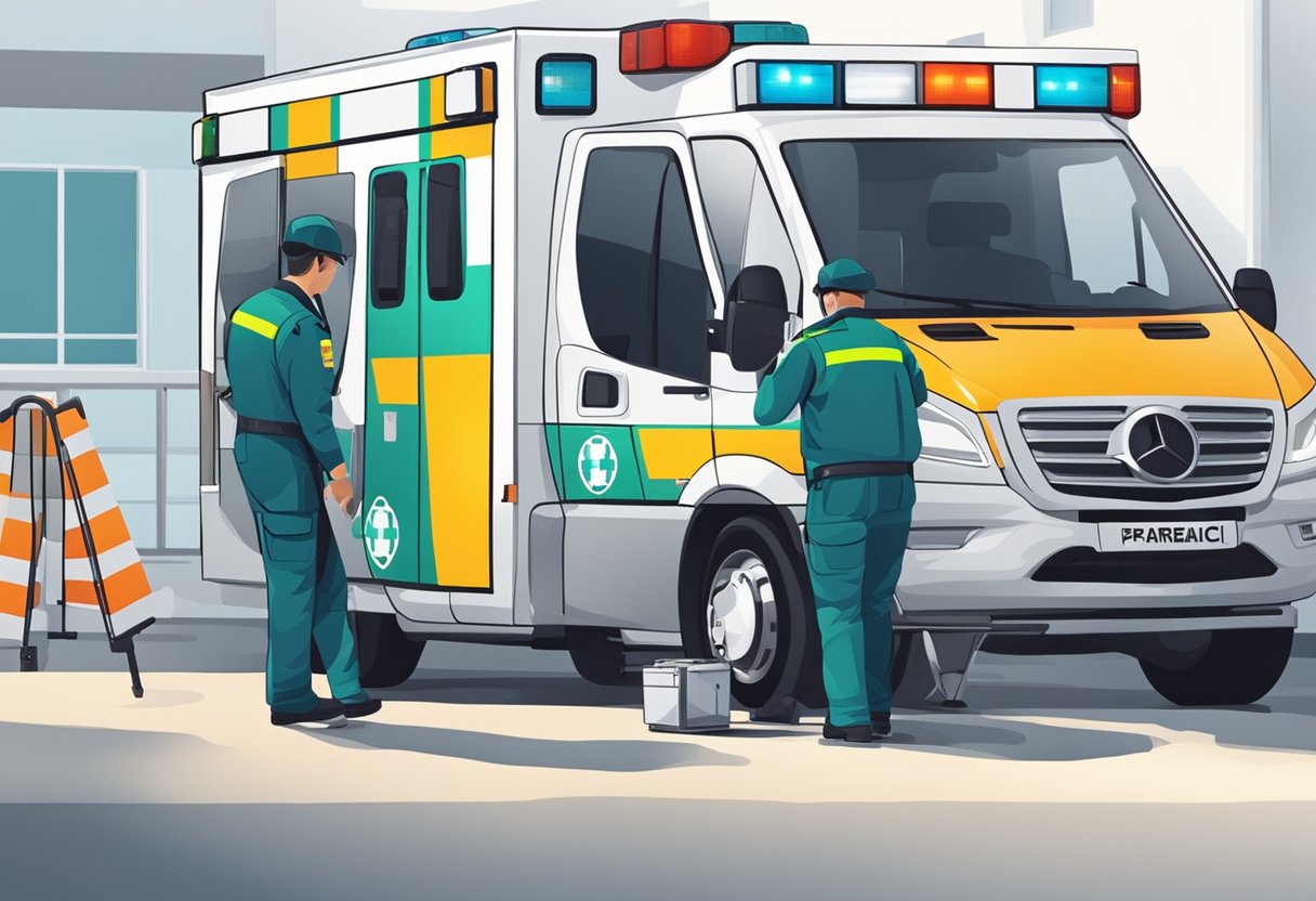 Tipos de Ambulância: Conheça as Diferentes Categorias e Suas Funções 6 A paramedic is loading medical equipment into a modern ambulance while another paramedic checks the vehicle's safety features