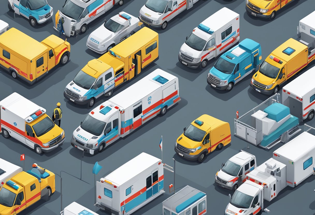 A variety of ambulances lined up with medical professionals and equipment ready for operation