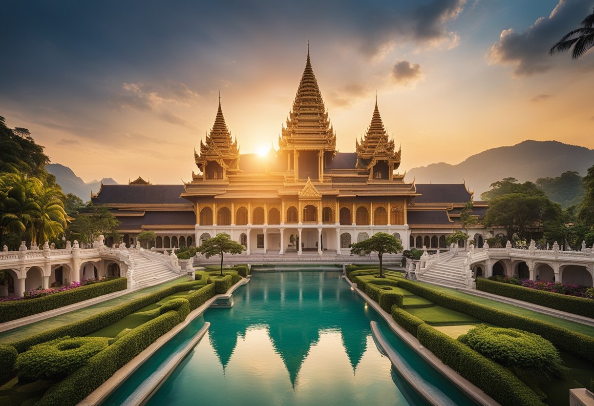 A grand palace with intricate architecture surrounded by lush gardens and flowing rivers, set against a backdrop of mountains and a colorful sunset