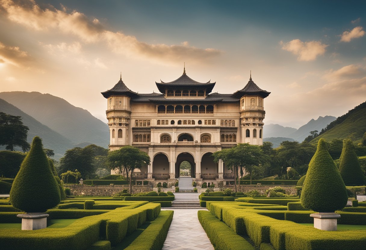 A majestic palace with intricate architectural details, surrounded by lush gardens and towering mountains in the background. The scene is set in a historical period, with traditional lanterns lighting up the grand entrance