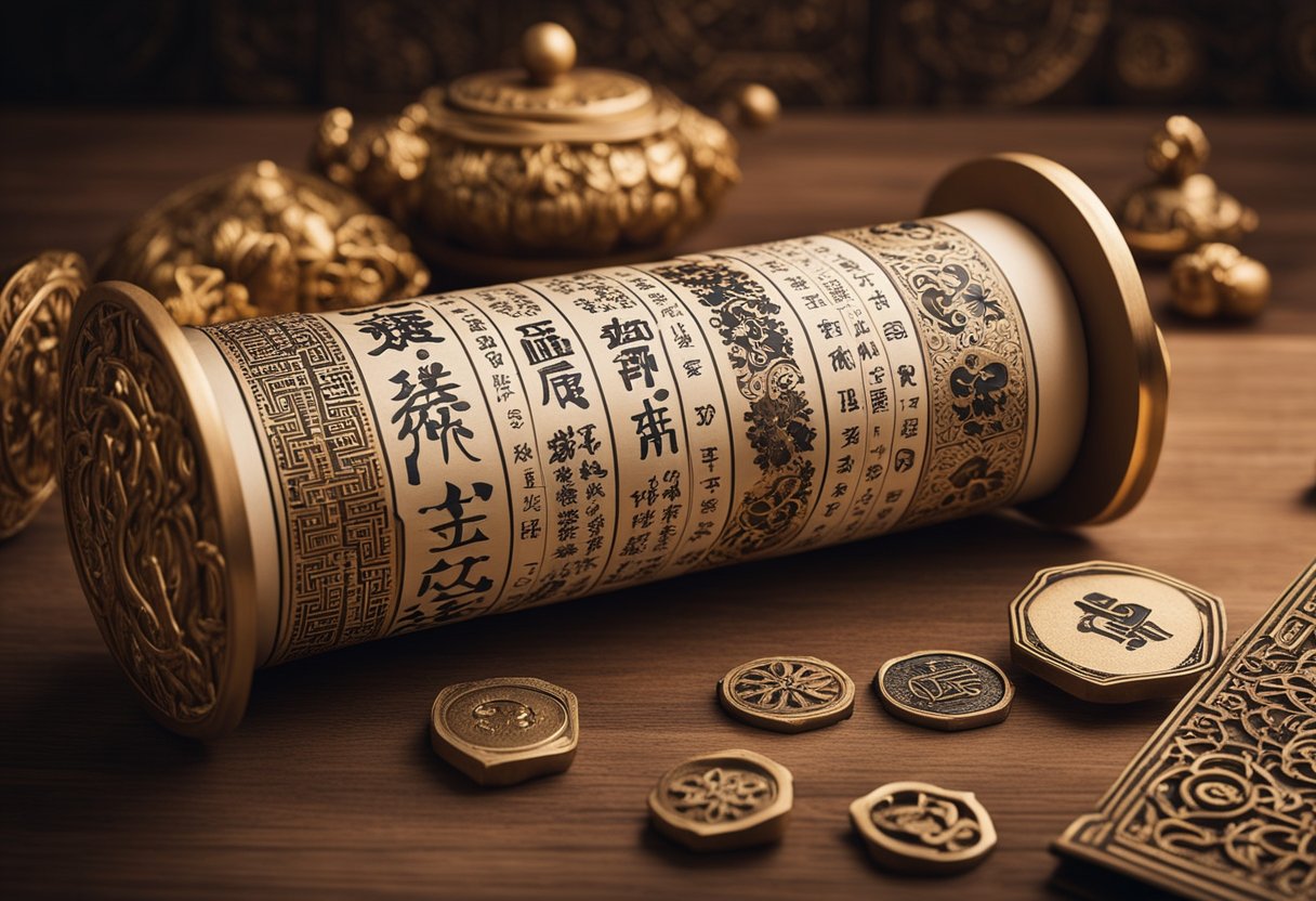 A scroll with the title "Frequently Asked Questions Melhores Doramas Históricos de 2020 a 2024" surrounded by traditional Asian motifs and symbols