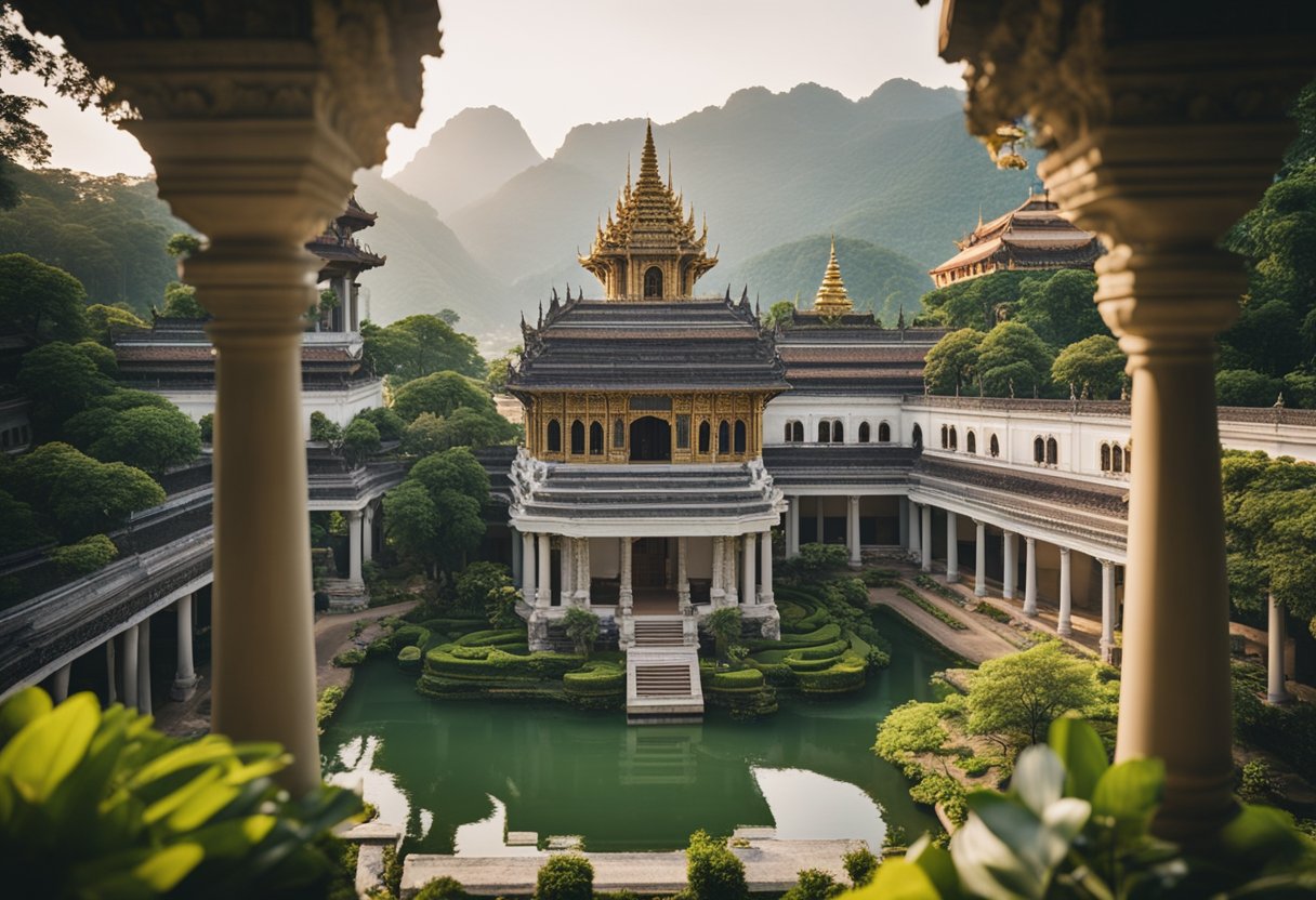 A grand palace with intricate architecture, surrounded by lush gardens and flowing rivers. The scene is set in a historical period, with traditional clothing and ornate decorations