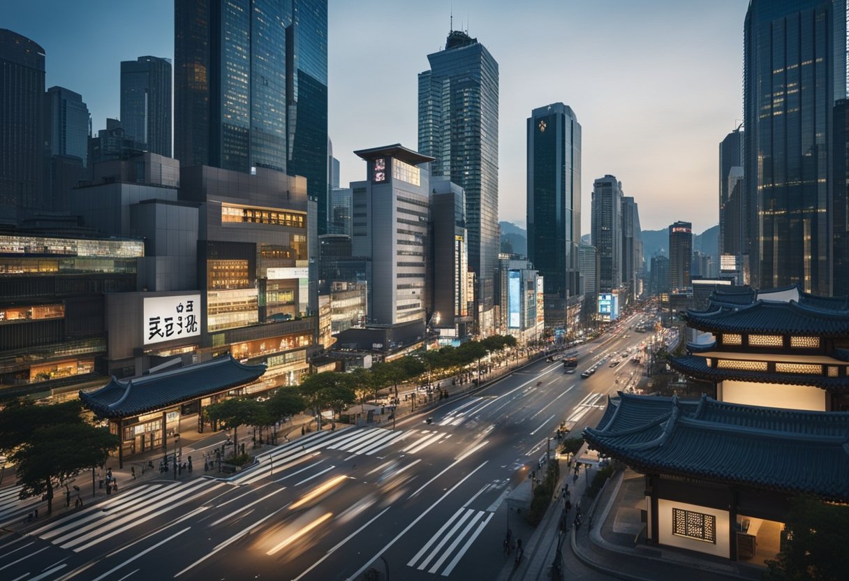 A bustling city street with traditional Korean architecture, surrounded by modern skyscrapers. A mix of historical and contemporary elements symbolizing the cultural impact of recent historical dramas