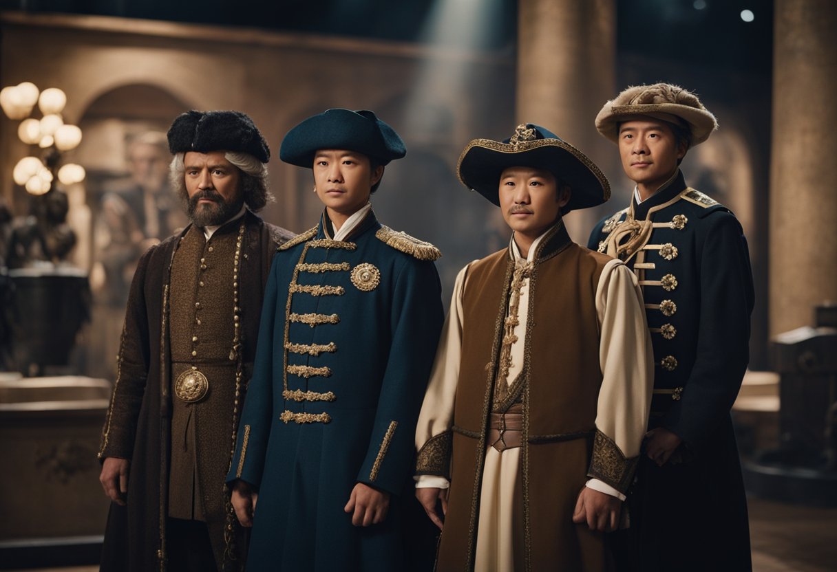 A collection of historical figures portrayed in recent dramas, displayed in a museum exhibit with detailed backgrounds and costumes