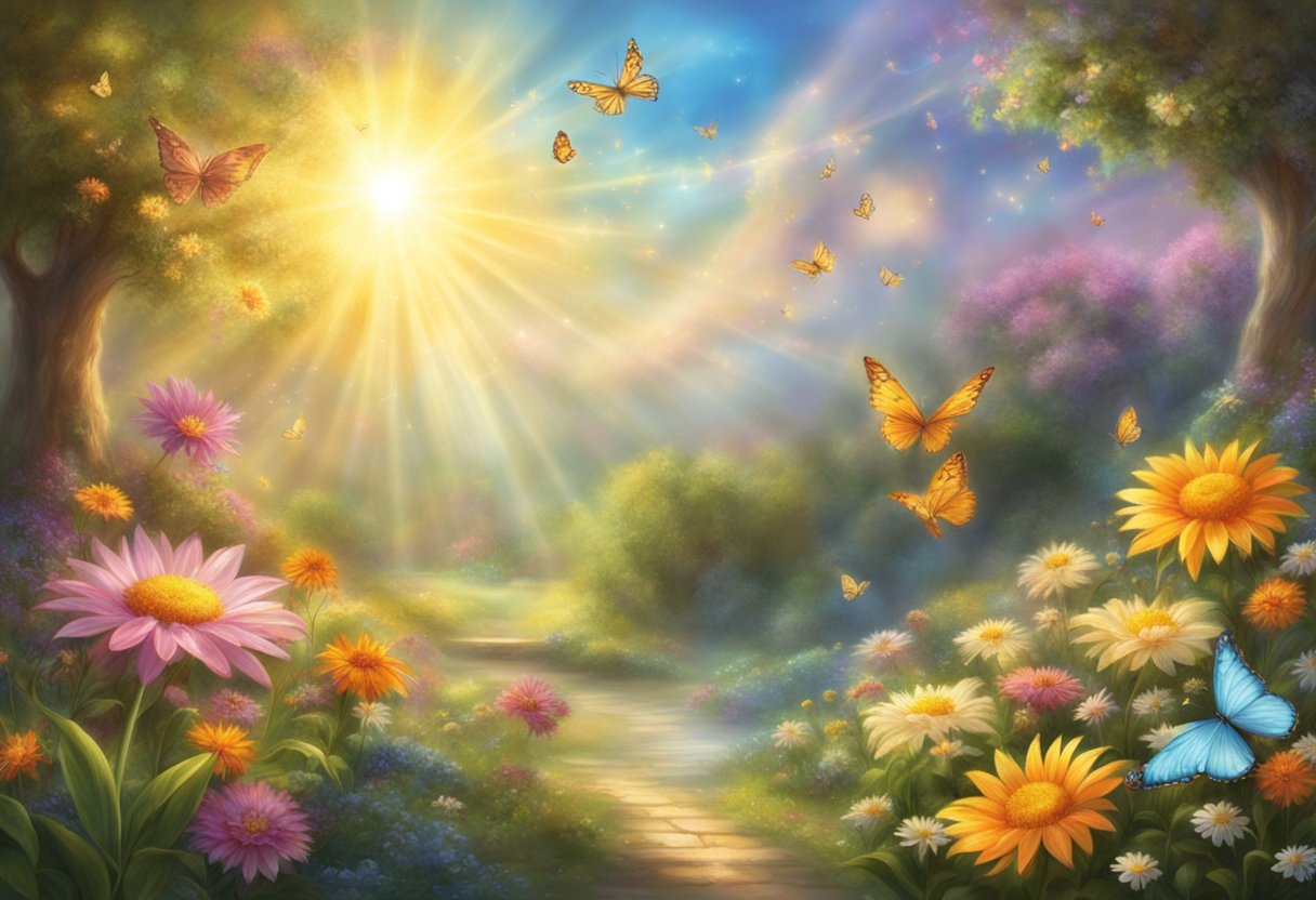 A radiant sun shining down on a tranquil garden, with blooming flowers and fluttering butterflies, all surrounded by a halo of light