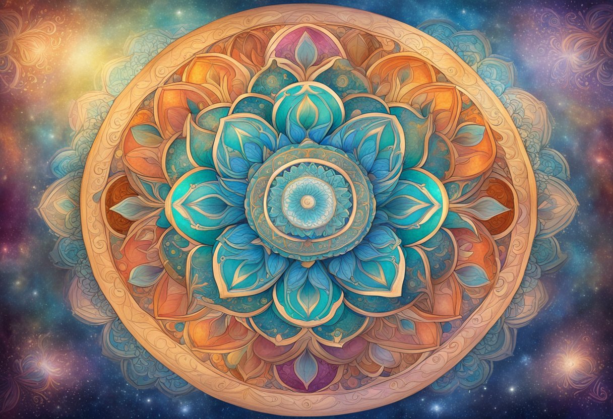 A serene setting with mandalas in various sizes and colors arranged in a circular pattern. Soft, natural lighting illuminates the intricate designs, creating a peaceful and meditative atmosphere