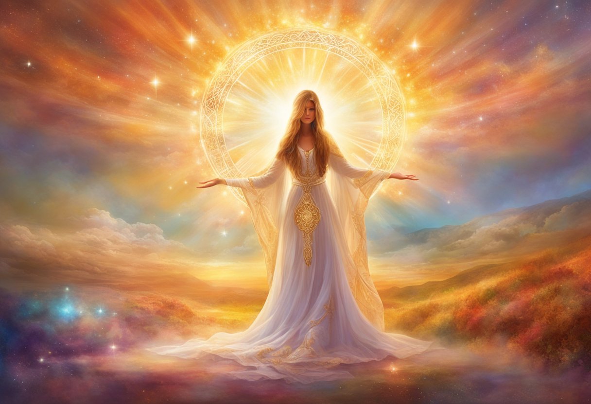A serene figure stands in a yoga pose, surrounded by rays of sunlight and symbolic imagery representing spiritual transformation