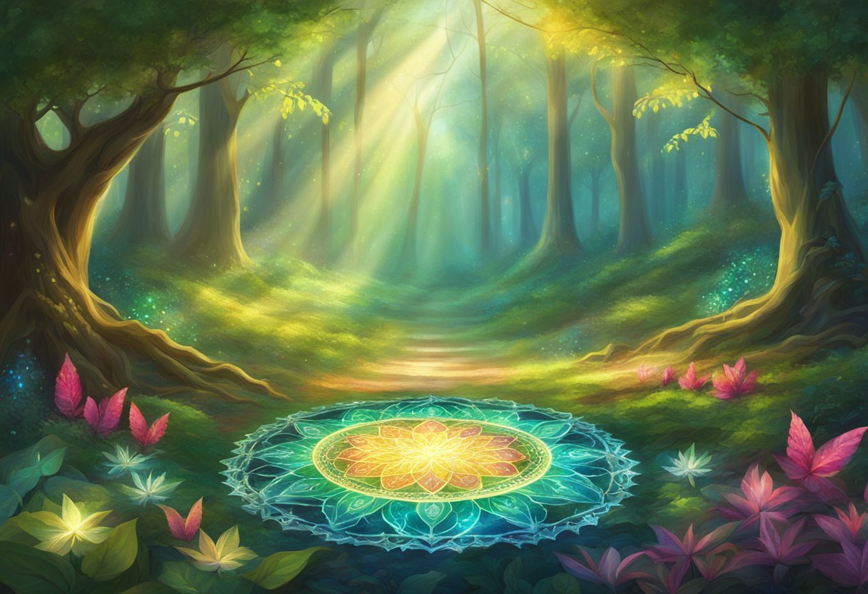 A serene forest clearing with sunlight filtering through the canopy, illuminating a collection of vibrant crystals arranged in a mandala pattern on the ground