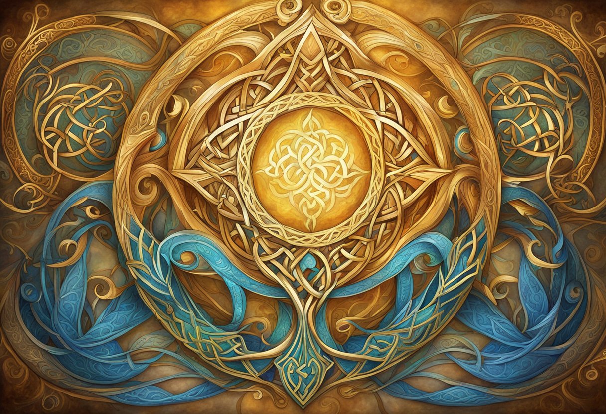 A Celtic knot intertwines with intricate patterns, symbolizing protection and spiritual transformation. The lines flow gracefully, creating a mesmerizing and powerful design