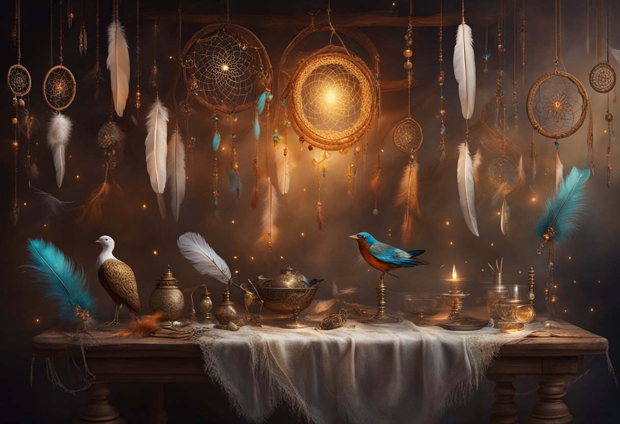 A table with various materials: feathers, beads, and twine. Dream catchers hang on the wall, casting soft shadows in the dimly lit room