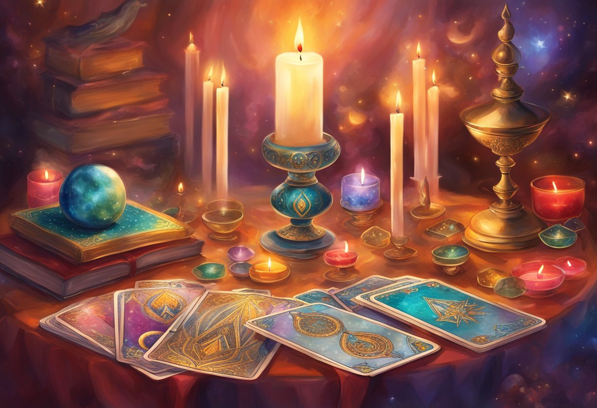 A table set with colorful tarot cards, surrounded by candles and crystals, with a book titled "10 Mind-Blowing Ways Spiritual Symbolism Can Transform Your Life Today" open to a page with intricate illustrations