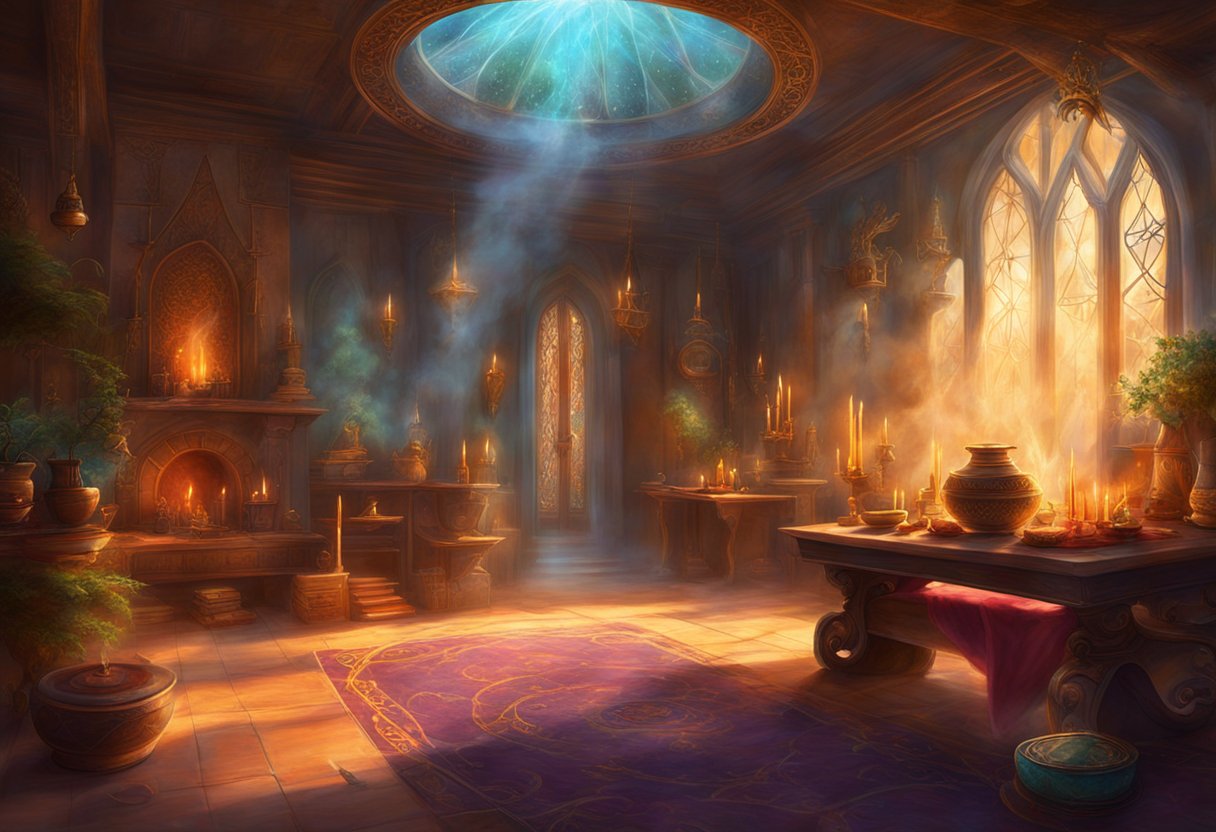 A dimly lit room with soft, warm lighting. Smoke from burning sage and incense fills the air, creating a mystical atmosphere. Symbols of spirituality and enlightenment are scattered throughout the space, inviting the viewer to explore their own spiritual journey