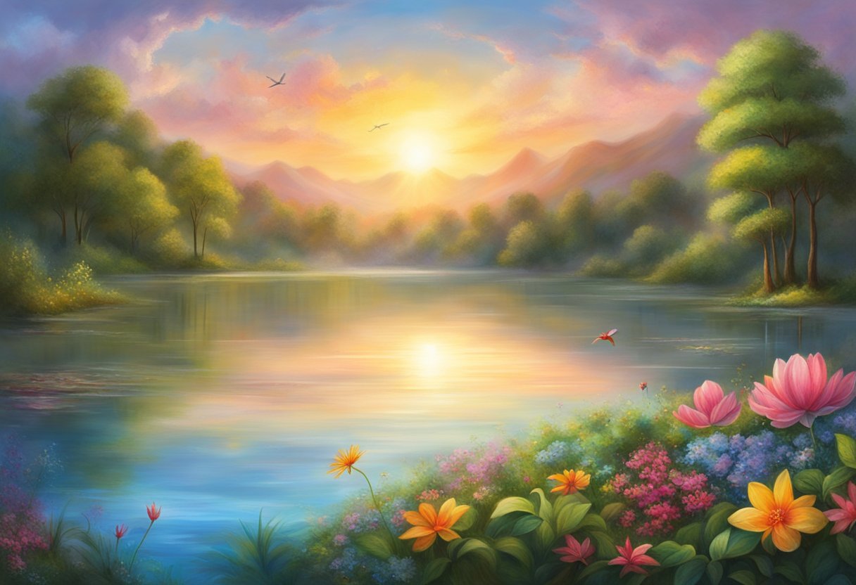 A serene landscape with a sun rising over a tranquil lake, surrounded by lush greenery and vibrant flowers, with a sense of peace and harmony emanating from the scene