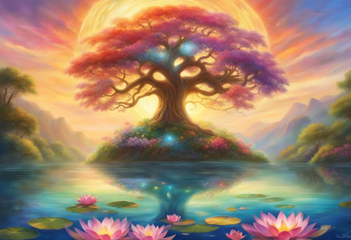 A serene garden with a tree of life, lotus flowers, and a glowing sun, surrounded by flowing water and vibrant colors