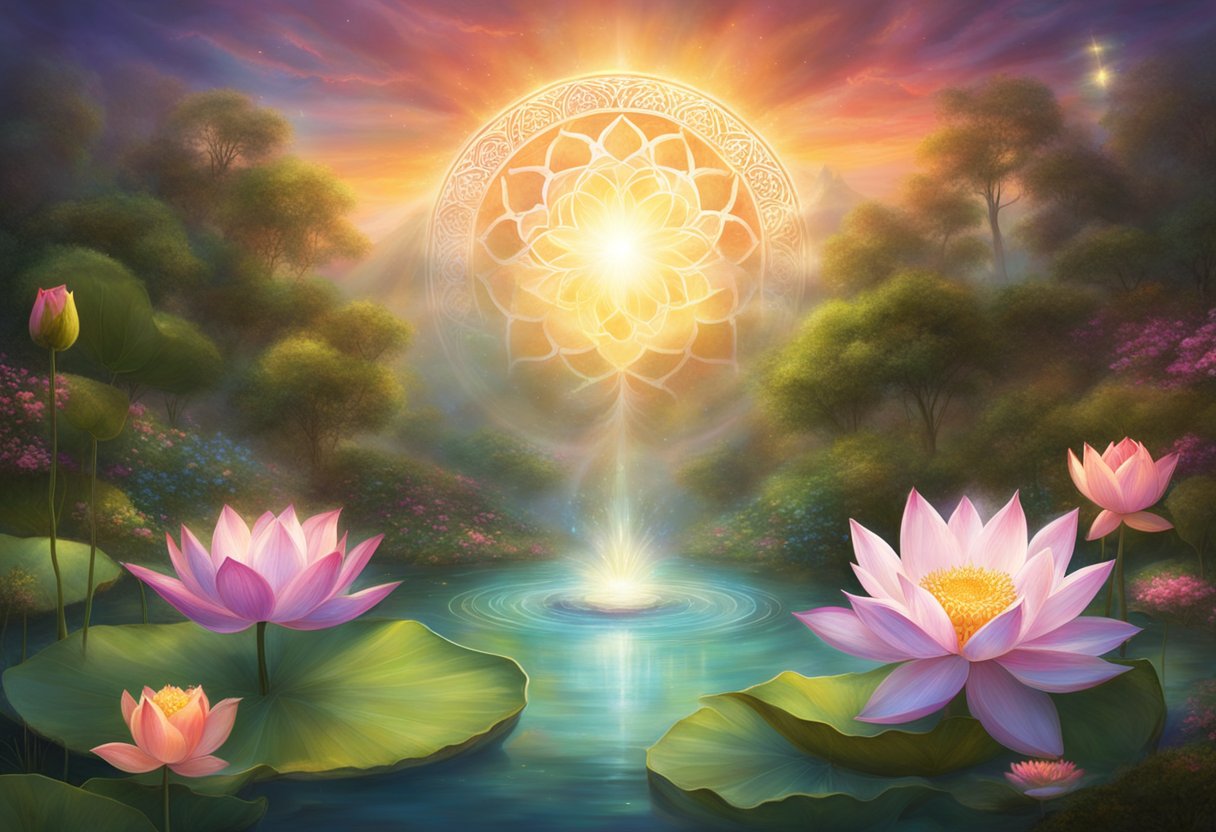 A serene garden with a blooming lotus, a glowing mandala, and a tranquil yin-yang symbol surrounded by vibrant energy. Rays of light illuminate the scene, creating a sense of peace and harmony
