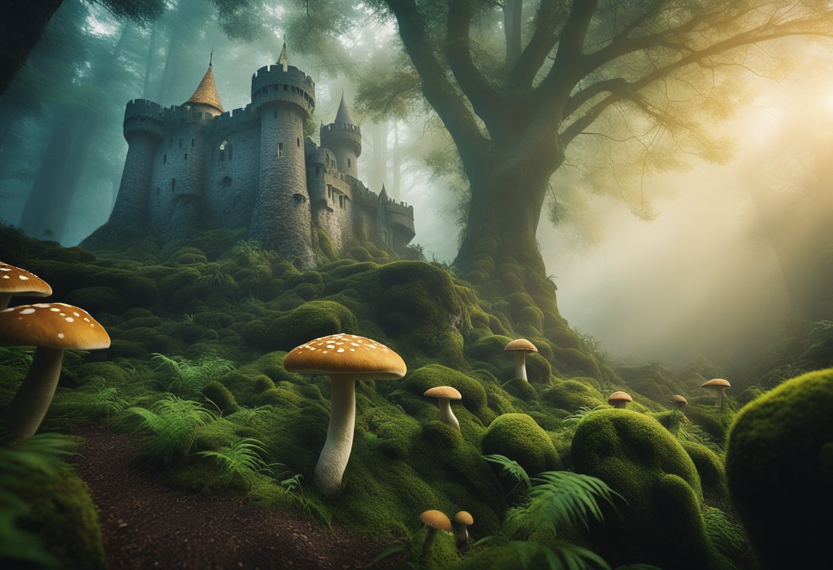 A mystical forest with towering trees, glowing mushrooms, and fantastical creatures. A magical castle looms in the distance, surrounded by swirling mist