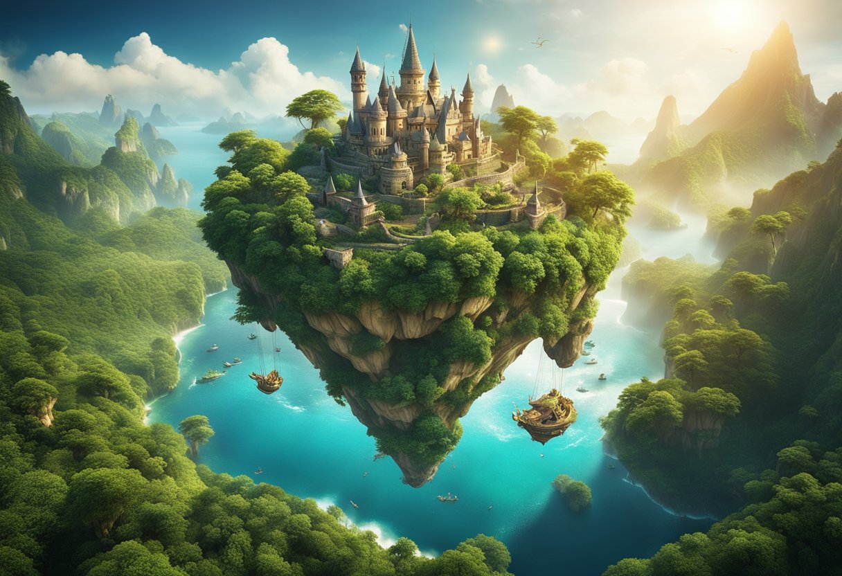 A mystical world with floating islands, magical creatures, and vibrant landscapes, showcasing the fantastical journey of visionary directors and writers in creating unforgettable fantasy dramas from 2020 to 2024