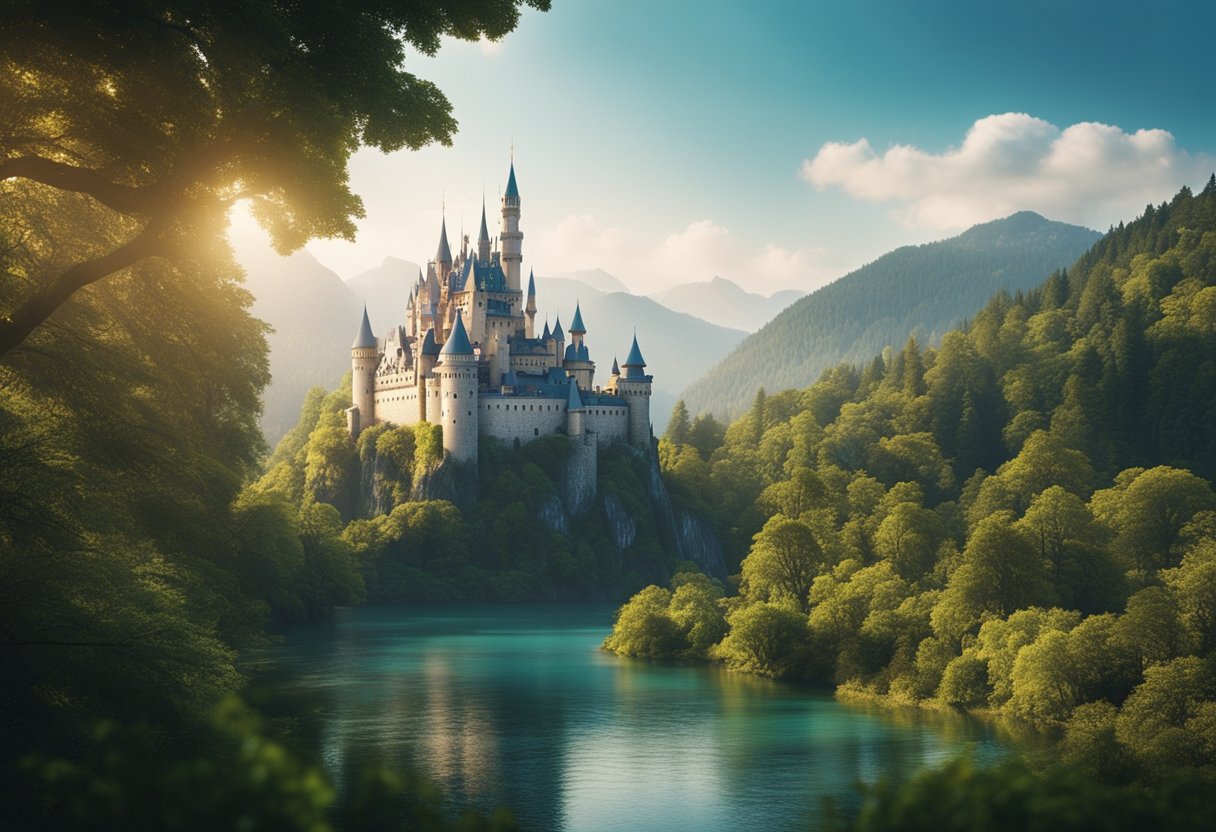 A fantastical world with diverse landscapes, mythical creatures, and vibrant cultures. A grand castle looms in the distance, surrounded by lush forests and sparkling rivers