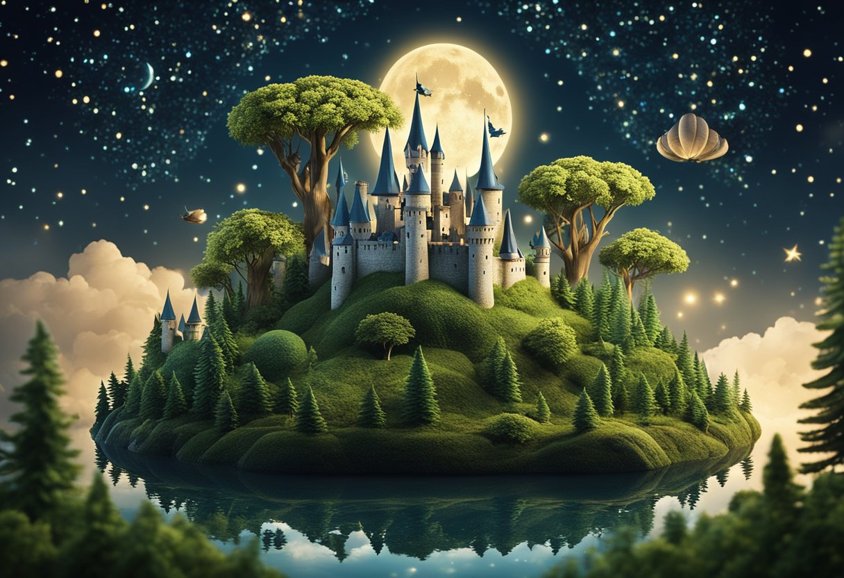 A magical forest with floating castles, mythical creatures, and glowing plants, set against a starry night sky