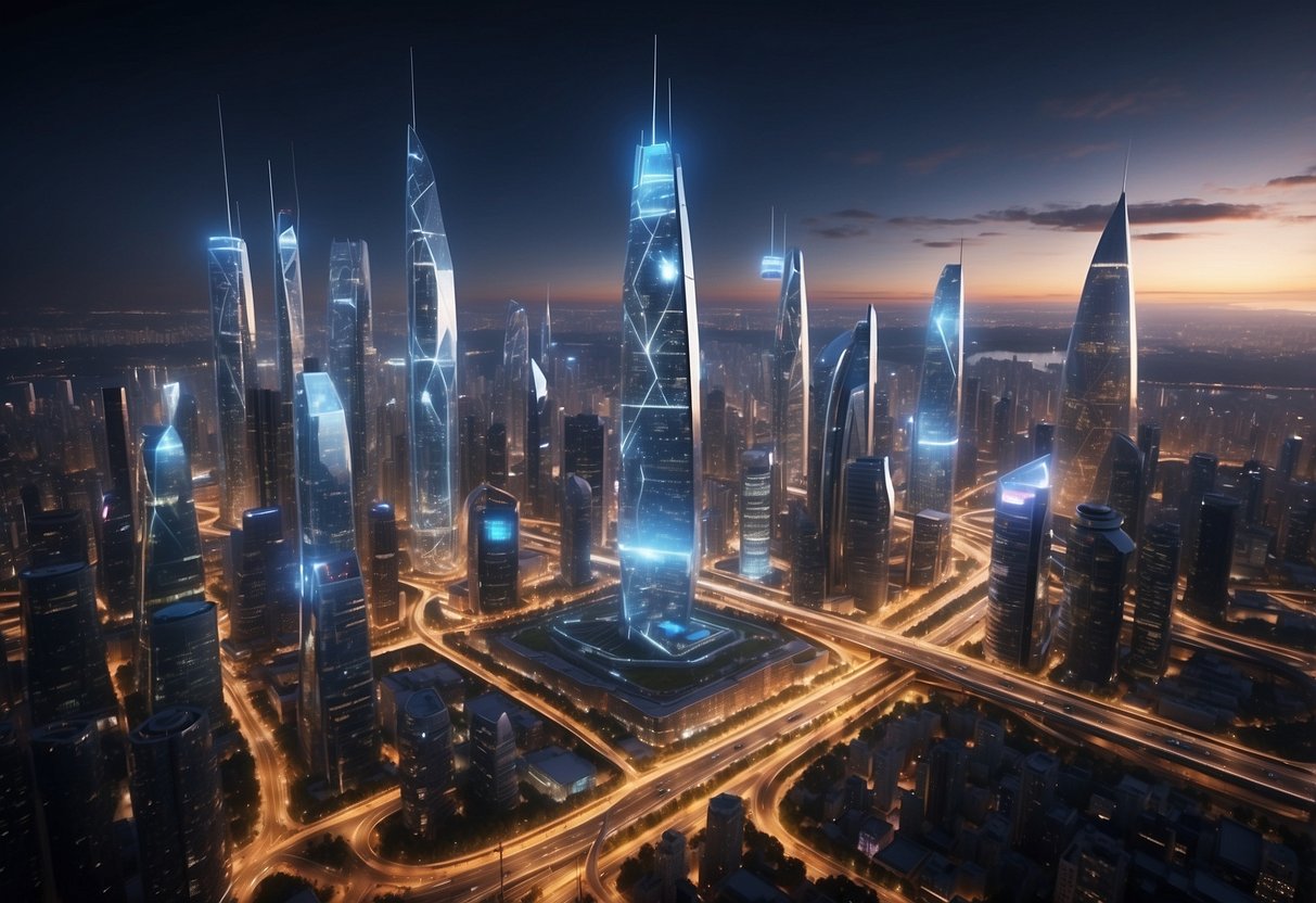 A bustling city skyline with futuristic 6G towers and interconnected devices, showcasing seamless connectivity and innovative technology