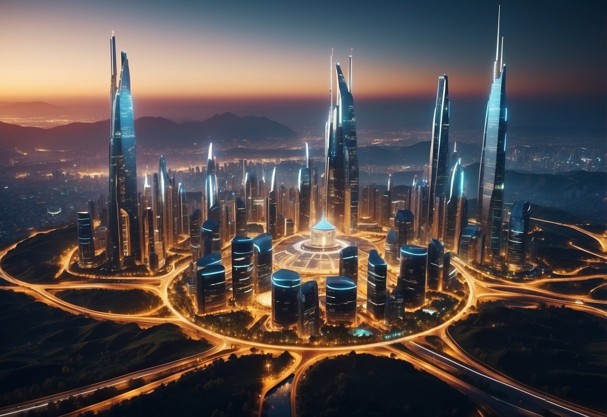 A futuristic city skyline with 6G towers and advanced connectivity devices, showcasing seamless communication and data transfer