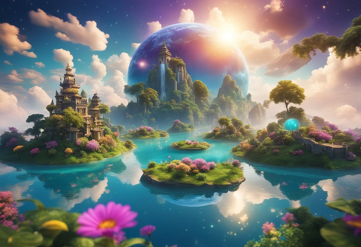 A vibrant fantasy world with floating islands, magical creatures, and colorful flora, set against a dramatic sky with swirling clouds and shimmering stars