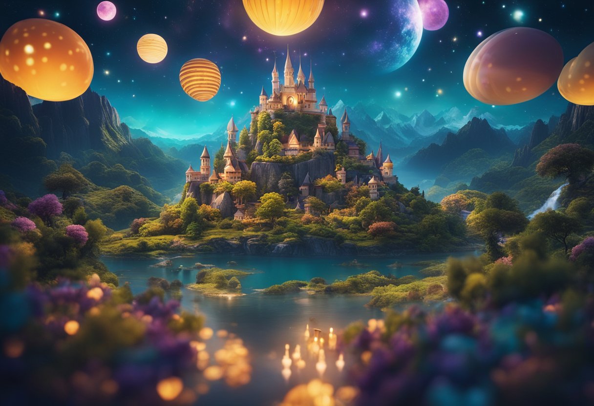 A fantastical world with vibrant colors, floating islands, and mythical creatures. The sky is filled with glowing stars and the landscape is filled with intricate details and magical elements